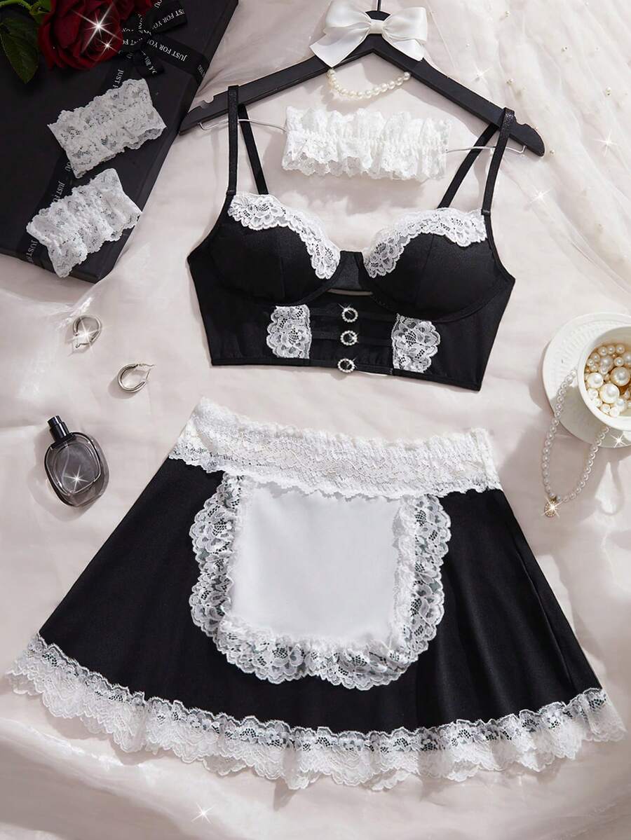 4pcs/Set New Sexy Women's Lingerie Set, Adjustable Straps, Front Slit Triangle Bra, Waist Sheer Lace Skirt, Lace Bracelet And Choker, Comfortable Seductive Intimate Apparel Set, Suitable For Carnival Parties - Black - View 1
