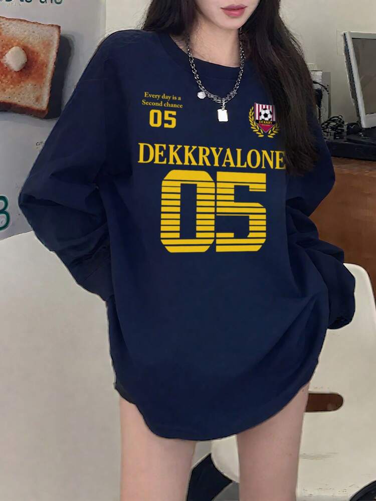 韓国風 レディース ルーズフィット コットン レタープリント ラウンドネック カジュアル 長袖Tシャツ、春秋シーズンに活躍 - ネイビーブルー - 見る 9