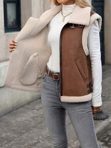 Women's Solid Color Suede Vest With Pockets And Lapel Collar, Autumn/Winter - Coffee Brown - View 2