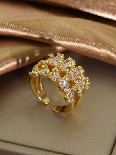 خاتم أنيق فاخر مطلي بالذهب مرصع بالزركونيا على شكل ورقة، مناسب للنساء للاستخدام اليومي والمناسبات والأعياد والسفر وكهدية لشهر رمضان