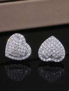 Cubic Zirconia Heart Decor Stud Earrings For Women For Party Banquet Wedding - 銀 - 查看 2