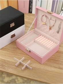 1pc Dual Layer Large Capacity Jewelry Box, Minimalist Leather Jewelry Storage Box, Portable Solid Color Rectangular Jewelry Organizer, Vanity Jewelry Box With Drawer, PU Leather Travel Jewelry Box, Convenient For Travel, Dual Layer Storage Box, Large Capacity For Earrings, Necklaces, Bracelets