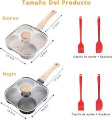Sartén Multifuncional de Cuatro Agujeros, Sartén Antiadherente de Cuatro Agujeros para Hamburguesas (Negro) con Tapa de Vidrio, Sartén de Aluminio con Cepillo y Espátula de Silicona - blanco - Ver 2