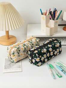 1 Korean Ins Style Daisy Canvas Pattern Large Capacity Pencil Case,Back To School,School Supplies,Pencil Pouch,School Bag Large Capacity Pencil Case,Simple Black Pen Bag, Simple & Sturdy Adult Multifunctional Stationery Organizer,Multifunctional Storage Bag, Pencil Case, Cosmetic Bag For School, Stationery,Holiday Gifts, School Gifts, Back To School Random Style Delivery