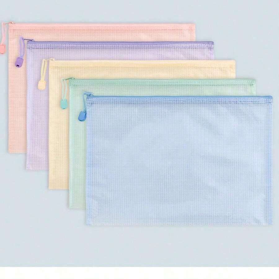 5pcs Macaron Colorful Mesh A4/A5/A6 Zipper Bags, PVC Transparent Waterproof, Multipurpose Storage For Books, Documents, Stationery, School & Office Supplies,Back To School,School Supplies - Nhiều màu - Xem 1