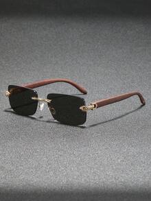 1 Pair Men's Rectangular Frameless Wooden Grain Temples Fashion Glasses, Business Casual Classic Versatile Fashion, Suitable For Beach & Holiday