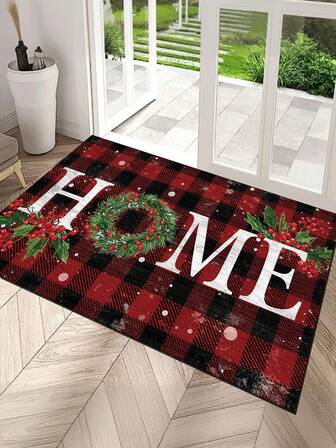 1pc Christmas Style "HOME" Doormat, Red & Black Plaid Design With Holly Decor, Modern Minimalist Personalized, Water Absorbent Quick Dry, Entrance Carpet, Bathroom Mat, Non-Slip Indoor Entrance Rug, Doormat, Red Carpet, Machine Washable Easy Clean, Entrance Welcome Mat, Suitable For Living Room, Bedroom, Kitchen, Bathroom, And Various Scenes At The Entrance Kitchen Rug