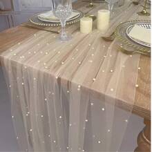 浪漫珍珠花邊桌布，適用於婚禮拱門裝飾、新娘派對裝飾、宴會餐桌布、活動首選，綉花，不易皺，白色甜點桌佳選