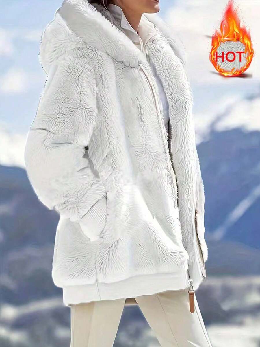 Plus Size Casual Zip-Up Hooded Jacket, Winter - White - View 1