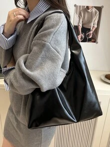 Damska torba na ramię z jednokolorowej skóry PU o dużej pojemności, modna, do codziennego użytku - Czarne - Zobacz 7