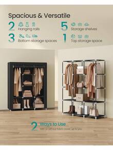 Portable 51. 2-Inch Large Capacity 3-Tier Non-Woven Fabric Closet Organizer With Hanging Rods And Shelves, Black, For Bedroom And Living Room