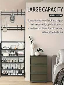 1pc Household Assembled Space-Saving 4-Tier/5-Tier Metal Clothes Hanger & Shoe Rack - Sturdy, Durable Multi-Function With 8 Hooks And Shelves, Suitable For Entryway, Bedroom, Bathroom - Easy To Assemble - Multicolor - View 2
