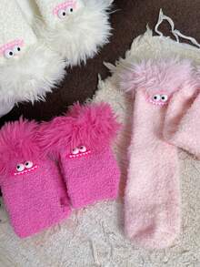 1 Pair Women's Autumn/Winter Christmas & Halloween Funny Colorful Plush Socks, Coral Fleece Warm Thick Cartoon House Socks, Cozy Socks