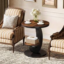 LITTLE TREE Round End Table, 2 Tiers Side Table With Storage Shelf, Sofa Side Bedside Nightstand With Rustic Wood And Metal Arc-Shaped Frame For Small Spaces, Living Room, Bedroom, Easy To Assemble - 棕色 - 查看 6