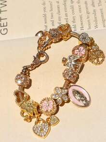 1pc Religious Virgin Mary Charm Bracelet, 1pc Religious Cross Bracelet, 1pc Fashion Sakura DIY Bracelet, 1pc Fashion Heart Lock & Key Bracelet - 金子 - 查看 5