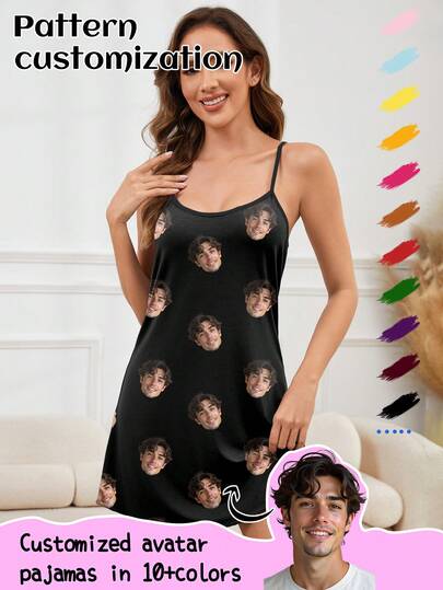 Printstory Customized Camisole Dress Pajamas, Customized With Portraits Of Family Members, Pets, Cartoons, Holiday Themes, Interesting Graphics, Holiday Gifts