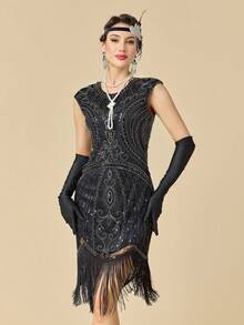 Váy đầm Flapper thập niên 1920 dành cho nữ, váy cocktail tua rua sequin Great Gatsby thập niên 20 - Bạc - Xem 3