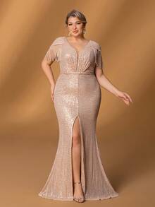 Faeriesty Mosy Plus Mother Of The Bride Dress: Elegant Sequin Deep V-Neck Mermaid Evening Gown With Shoulder Tassels – Front Slit Fish-Tail Skirt For Weddings, Galas, Red-Carpet Events