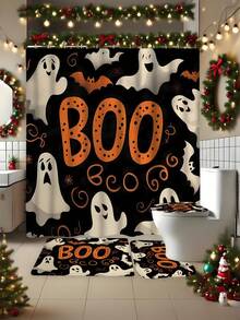 1 Set Ghost Halloween Print Shower Curtain - 1/4 Piece Shower Curtain Set With 12 Hooks - Waterproof, Non-Slip Bath Mat, Toilet Seat Cover And U-Shaped Carpet Bathroom Shower Curtain Set - Machine Washable Cartoon Bathroom Decor Curtain Set, This Is A Set Of Christmas Decorative Bathroom Supplies Suitable For All Seasons, And Is The Perfect Christmas And Halloween Gift Series For Friends And Family - Multicolor - View 4