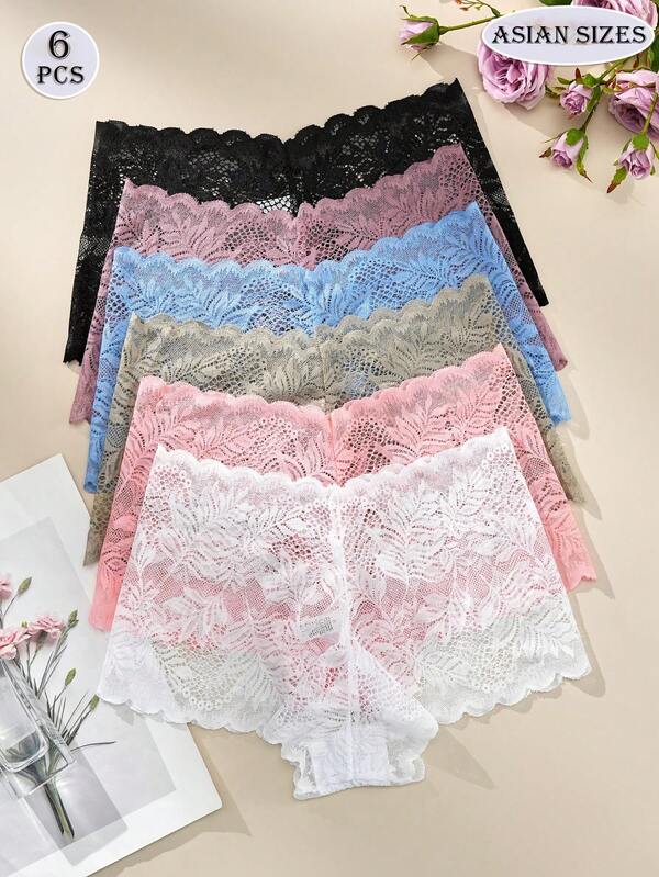 6件女士性感内裤，半透明花蕾丝，波浪腰身，舒适亲肤，学生妹，基本款内裤，多种颜色，黑色平角内裤，日常穿着，粉色性感内衣，节日婚礼风格