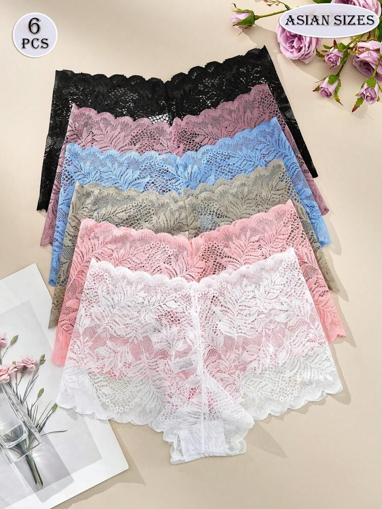 6件女士性感内裤，半透明花蕾丝，波浪腰身，舒适亲肤，学生妹，基本款内裤，多种颜色，黑色平角内裤，日常穿着，粉色性感内衣，节日婚礼风格 - 彩色 - 查看 1