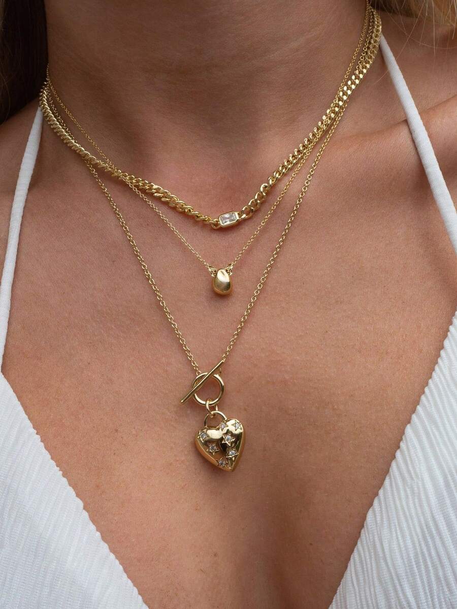 Shescity 1 Chiếc vòng cổ nữ thời trang và tinh tế hình trái tim đính đá Zirconia siêu nhỏ, nhiều lớp, đa năng và sáng tạo. - Vàng - Xem 1