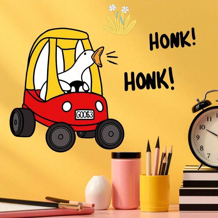 ملصق حائط جديد بشكل بطة كرتونية تقود سيارة حمراء، مناسب لديكور غرفة النوم وغرفة المعيشة، ملصقات ديكور المنزل