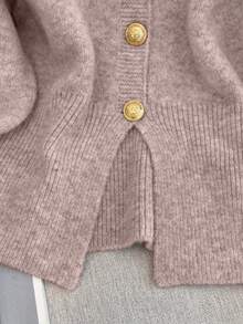 1 pieza Diseño de cárdigan minimalista gris de un solo botonadura, de longitud corta con abertura frontal, cintura ceñida, botón metálico único, manga larga, suéter de punto para mujer de temporada otoño/invierno - Caqui - Ver 6