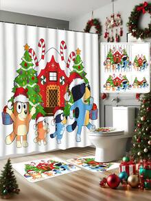 [Christmas Bluey Shower Curtain Window Curtain Set] 1/3/4pcs Christmas Solid Color Santa Hat Bluey Family And Friends Holiday Pattern Printed Shower Curtain Set, Modern Design, Suitable For All Seasons, Waterproof Polyester Hooks And Lining, Flannel Material, Soft Surface, Absorbent Anti-Slip Bathroom Mat, Bathroom Set Includes U-Shaped Mat, Toilet Mat, Anti-Slip Bathroom Mat And Bathroom Accessories, Home Decor, Holiday Decor, Christmas Gift, Daily Decor, Gift Giving