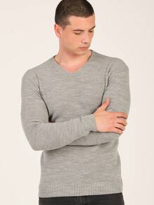 Men's V-Neck Jacquard Sweater Regular Fit - Grey - View 1