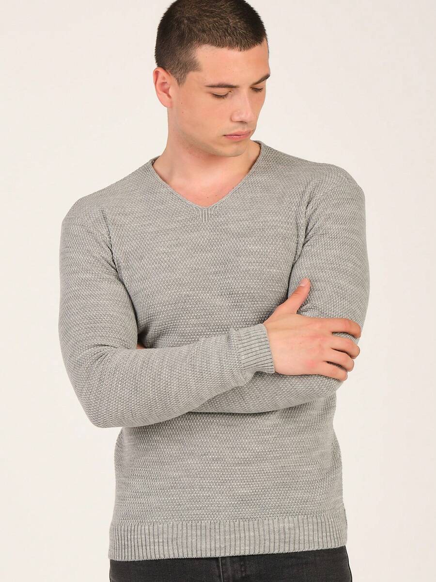 Men's V-Neck Jacquard Sweater Regular Fit - Grey - View 1