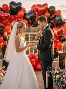 18英寸黑红心形气球，5/10/20个装心形铝箔气球，黑红生日装饰，爱心气球，情人节气球，适用于生日派对、婚礼、情人节装饰 - 黑加紅 - 查看 3