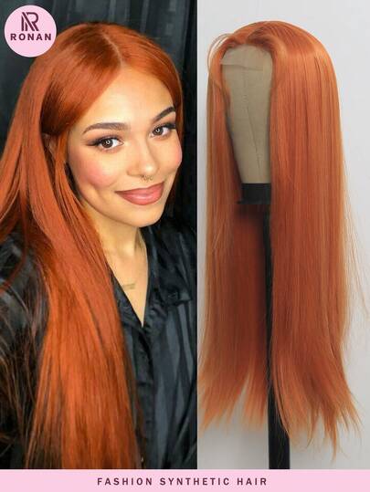 Perucas de cabelo sintético laranja de 26 polegadas, longas e retas, com renda frontal, para mulheres e meninas, para uso diário em festas de Halloween, perucas de cabelo da moda