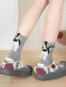 1/4 双卡通猫 3D 铃铛蛋女士袜子，四季中筒袜，可爱俏皮，采用四种动物图案：哈士奇、北京犬、柴犬、暹罗猫、卡通猫和狗铃铛蛋图案 - 彩色 - 查看 15