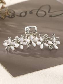 水钻花朵装饰发爪，优雅食人鱼爪夹，发夹，发卡，发夹，发抓夹，发爪夹，学校用品，大学，仿珍珠发饰，秋冬度假装扮，女士 - 銀色 - 查看 6