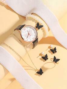 6 Stücke/Set Jugendliche einfache Bar Markierung Schmetterling Zifferblatt Lederarmband Quarzuhr + elegante Halskette Geschenkset, geeignet für Geburtstag, Abschluss, Schulabschluss usw.