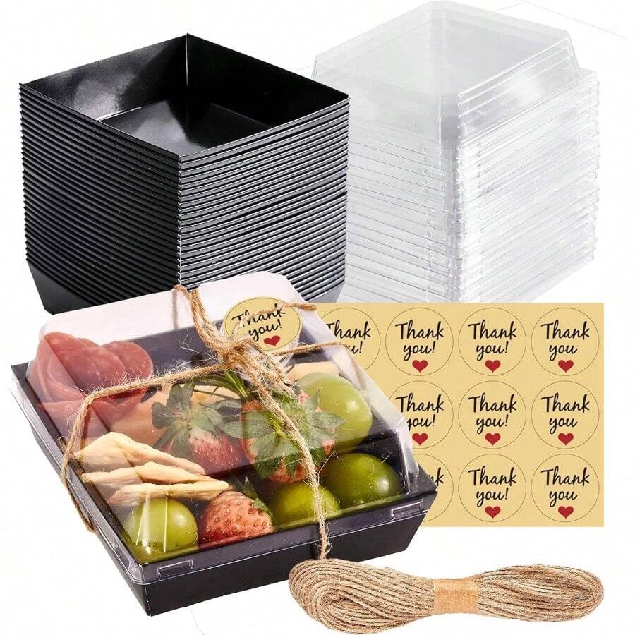50 Pack Small Charcuterie Boxes With Lids - To Go Paper Charcuterie Box, Disposable Food Containers, 5Inch Dessert Boxes - Sandwich, Cookie, Sushi, Cake Slice, Strawberries Brown - 黑色 - 查看 1