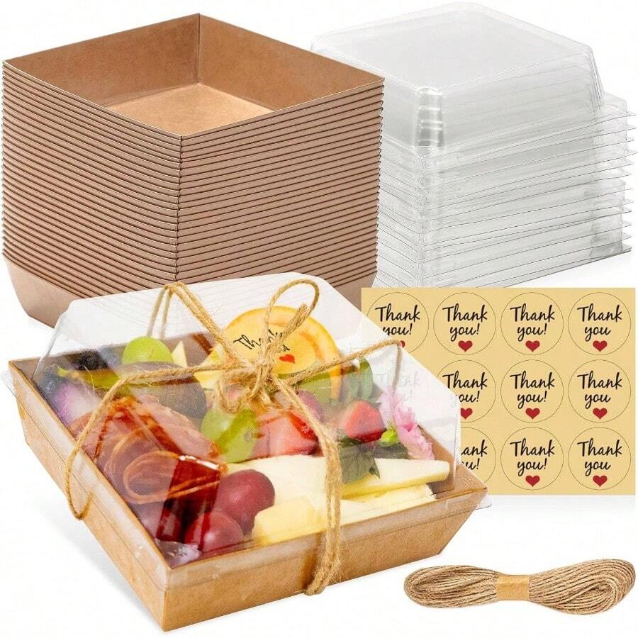 50 Pack Small Charcuterie Boxes With Lids - To Go Paper Charcuterie Box, Disposable Food Containers, 5Inch Dessert Boxes - Sandwich, Cookie, Sushi, Cake Slice, Strawberries Brown - 棕色 - 查看 1