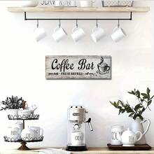 1pc, Retro "Coffee Bar" Wall Sign - Rustic Kitchen Decor, Fresh Brewed Theme, Buffet Board, Weathered Wood Design, Distressed White Background With Black Lettering, Coffee Cup Illustration, Perfect For Coffee Shops Or Home Decoration, Coffee Bar Accessories, 30*10cm(12*4inch)