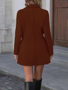 Palton negru de tweed pentru femei, cu talie subțire, buzunar, guler înalt, la un singur rând de nasturi, de lungime medie - culoare caramel - Vizualizare 4