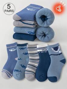 5 Pairs Boys' Crew Socks, Toddler Kids' Mid-Calf Socks, White & Blue, Color Block, Cartoon Letter, Striped, Shark Pattern, Plush Lining, Spring/Autumn & Winter, Thick, Suitable For Daily Wear, Gifts, Cute, Fashionable, Minimalist, Suitable For Daily Outfit, Students, Warm - Multicolor - View 12