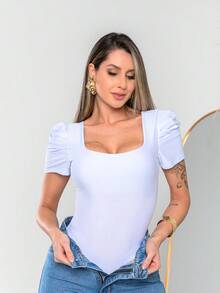 Women's Bodysuit Square Neckline Princess Sleeve Suplex Fabric Summer Fashion Style - 白色 - 查看 8