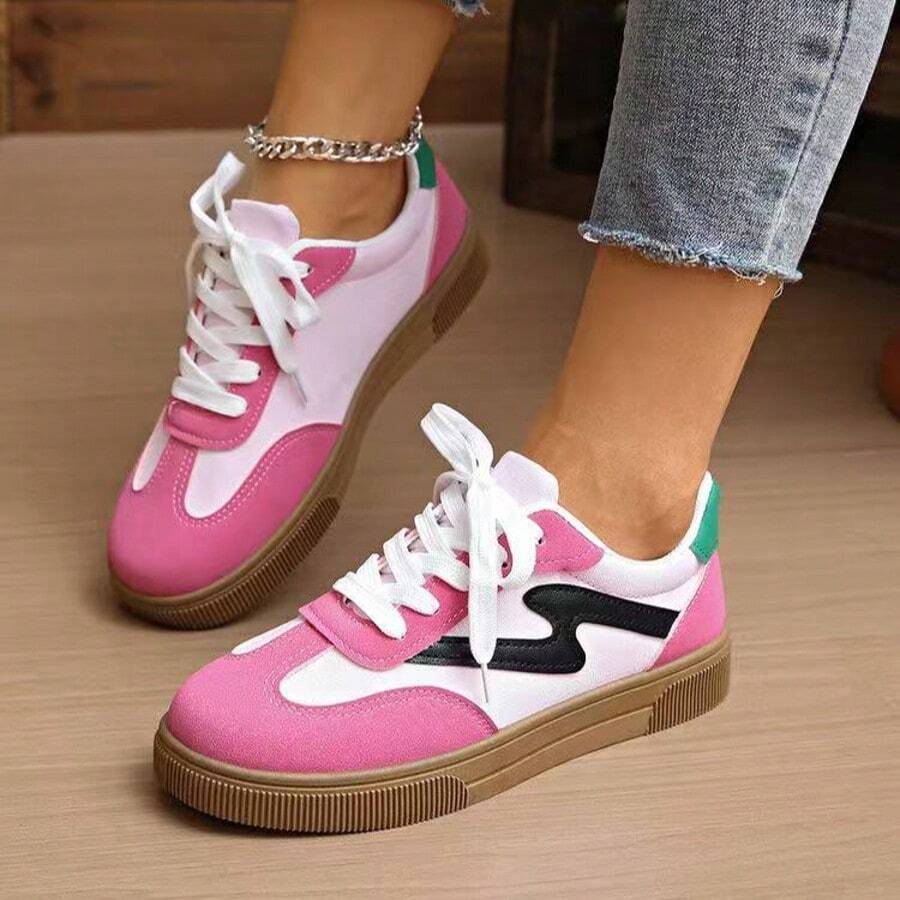 1 Pair Women's Spring/Autumn New German Training Shoes, Student Shoes, Waterproof Anti-Slip, Easy To Clean, Round Toe Low-Top Casual Shoes, Flat, Comfortable, Versatile, Colorblock Sporty Casual Sneakers, Fashionable All Season - Hot Pink - View 1