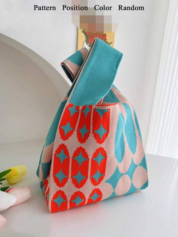 Ladies' Knitted Geometric Pattern Handbag - Cute Fashion Square Bag For Casual, Lightweight, Portable, Stylish And Elegant Use - Perfect For Travel, Vacation, Business, Sports, Outdoors, Work, Shopping, Commute, Gift For Friends - With A Cartoon Funny Coin Purse - Cute Geometric Graphic Pattern Suitable For College Students And White Collar Workers - Suitable For Travel Accessories