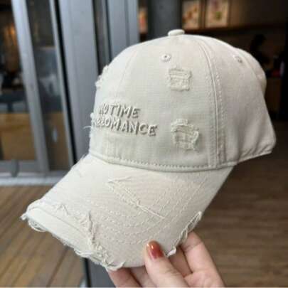 1pc Letter Embroidery Distressed Baseball Cap, Women, Soft Crown, Wide Brim, Sun Protection