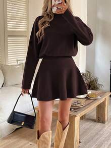 PoPoHouse Women's Brown Knit Sweater Dress – Elegant Winter Commuter Waist Short Dress, Cozy Long Sleeve Pullover, Chic Brown Outfit For Birthday, New Year & Party, Minimalist Streetwear, Fall Winter Fashion, Stylish Brown Dress For Women