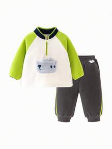 mini bala Kids Anti-Static Fleece Set Soft Warm Cute Cozy Fall Outfit - Lemon Green - View 4
