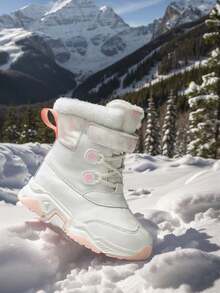 Girls' Winter Snow Boots, Solid Color PU Upper, Thermal Lining Warm, Mid-Calf, Outdoor Casual Boots, Snowflake Pattern Hook And Loop, TPR Wear-Resistant Anti-Slip - White - View 7