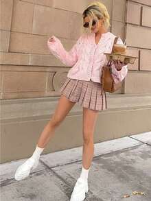 Áo khoác cardigan dệt kim dày dặn dành cho nữ, dáng ngắn, màu trơn, tay dài, dáng rộng, phù hợp mặc hàng ngày, màu hồng mùa thu. - Hồng - Xem 3