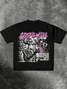 Plus Size Men, Black T-Shirt With "GOD'S WILL BE DONE" And Skull Graphic, 100% Cotton Print Casual Round Neck Short Sleeve T - Shirt, Halloween Gift, Summer, Unisex - 黑色 - 查看 1